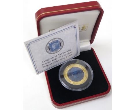 Gibraltar Halfcrown 2000 Bi metal issue "Tuppenny blue". An impressive piece struck in titanium and Gold. Proof FDC boxed as 