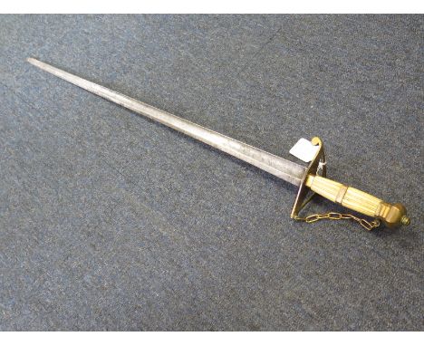 Sword: An officers Spadroon sword circa 1800. Straight fullered single edged blade. Blade etched with GR Cypher and simple de