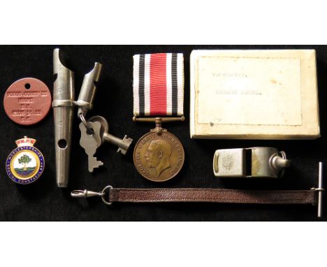 Worcester Special Constabulary Medal GV to Hubert Moore, with named box of issue, named ID Tag, Specials enamelled lapel badg