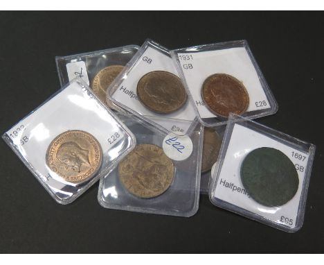 GB Halfpennies (7): 1697, 1853, 1901, 1902, 1924, 1931 and 1932, F to UNC, dealer's ex stock, total ticket £288