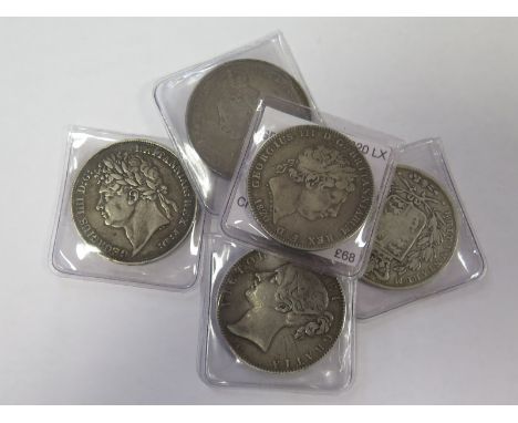 GB Crowns (5): 1820, 1822, 1844, 1845 and 1889, VG to VF, dealer's ex stock, total ticket £302