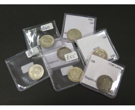 GB Sixpences (7): 1746 Lima, 1887 young hd, 1881, 1902, 1910, 1912 and 1915, F to AU, dealer's ex stock, total ticket £319