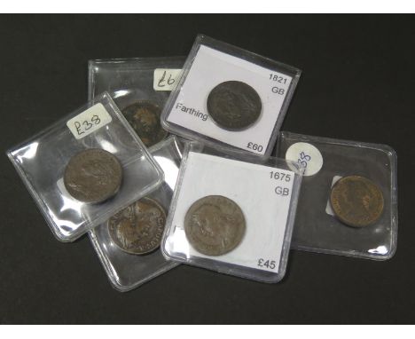 GB Farthings (6): 1672, 1674, 1675, 1821, 1822 and 1860, F to GVF, dealer's ex stock, total ticket £301