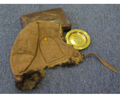 RFC/RAF WW1 flying helmet with RFC brass pin tray and RAF carved trinket box