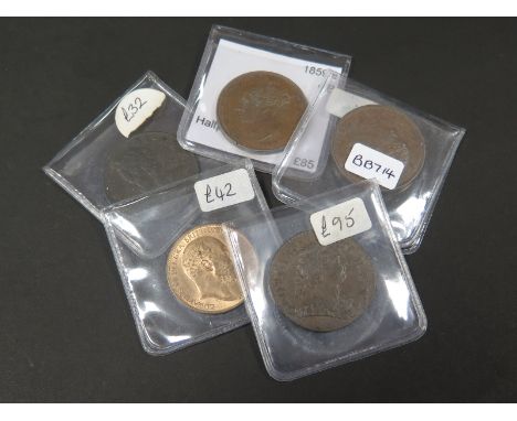 GB Halfpennies (5): 1750, 1773, 1858, 1859/8 and 1902, F to UNC, dealer's ex stock, total ticket £312