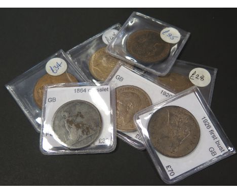 GB Pennies (7): 1864 crosslet, 1887, 1918, 1920 x2, 1922 and 1926 1st bust, Fair to GEF, dealer's ex stock, total ticket £320