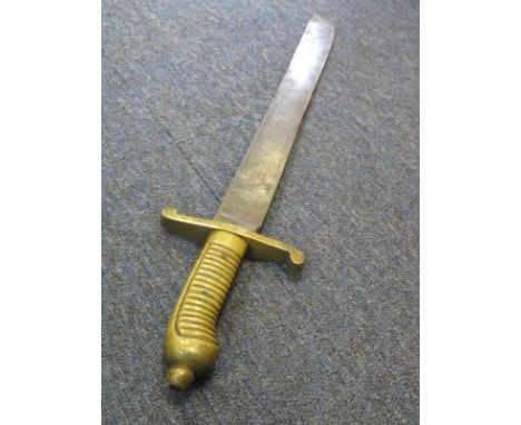 Sidearm: A Prussian Sidearm. Brass ribbed hilt. Broad machete type blade 19". Ricasso marked 12 AF.7.7.56. Worn but sound ove