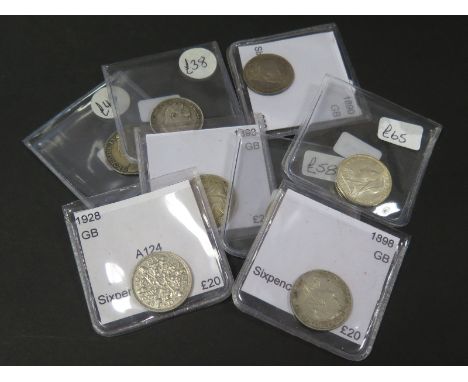 GB Sixpences (8): 1741 roses, 1835, 1890, 1893 veiled, 1897, 1898 x2 and 1928, F to GEF, dealer's ex stock, total ticket £300