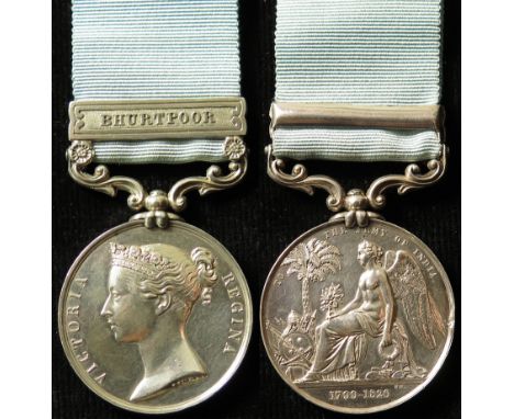Army of India Medal 1851 with Bhurtpoor clasp correctly impressed to Corpl T. Henry, 59th Foot. Thomas Henry is confirmed to 