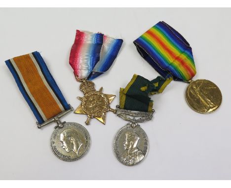 1914 Star Trio and GV Efficiency Medal with Territorial clasp to 12708 Gnr M L Redmond RFA (4118857 Pte M L Redmond 4-5-Ches 