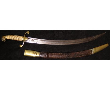 Dirk: A circa 1800s Naval Officers dress dirk. Plain curved blade 18" top flat marked by the maker J & R MOLE. Brass mounts w