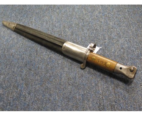 Bayonet: British pattern 1888 MKII bayonet with its polished steel mounted MKI scabbard. Bayonet made by Wilkinson in Sept 19