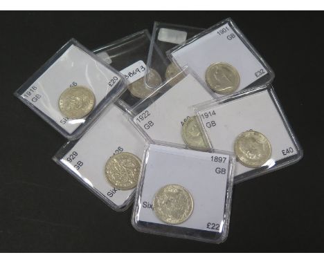 GB Sixpences (8): 1897, 1901, 1902 matte, 1910, 1914, 1918, 1922 and 1929, VF to EF, dealer's ex stock, total ticket £301