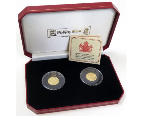 Isle of Man/Gibraltar a two coin set 2000 Queen Mother 100th Birthday comprising Isle of Man 1/5 Crown 2000 inset with a 1.5m
