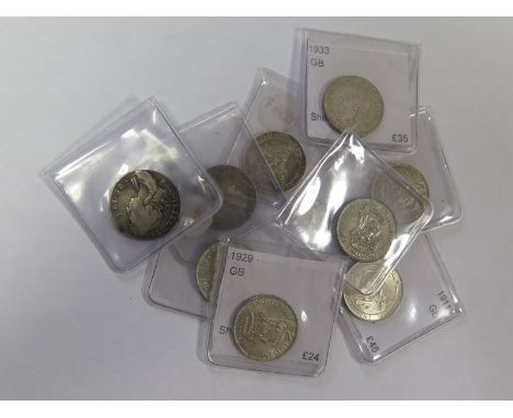 GB Shillings (9): 1697N, 1893, 1902, 1911, 1928 x2, 1929, 1932 and 1933, F to GEF, dealer's ex stock, total ticket £326