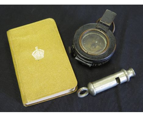WW2 dated British army oil filed compass by T.G co Ltd with WW2 soldiers bible and 1937 dated whistle