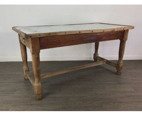 EARLY-MID 20TH CENTURY BUTCHER’S/BAKER’S PREPARATION TABLE,with enamel top on beech frame featuring drawers to each end, 78.5