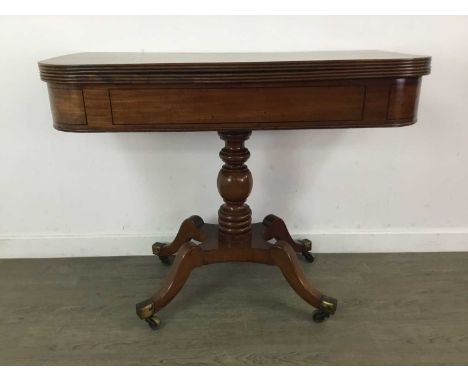 19TH CENTURY MAHOGANY TURNOVER TEA TABLE,on baluster and ring turned column to quadripartite base, on castors, 97cm wideCondi