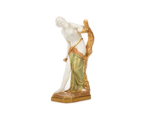 THE BATHER SURPRISED, A ROYAL WORCESTER FIGURE AFTER SIR TERENCE BROCK,the Parian maiden wearing blush glazed partial robe an