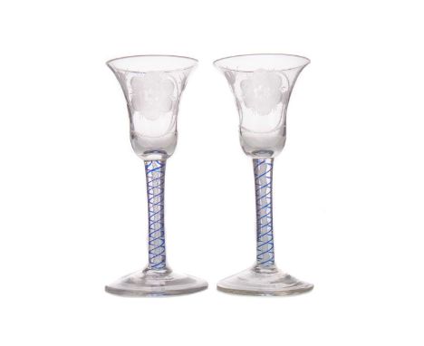 PAIR OF WINE GLASSES OF 18TH CENTURY JACOBITE DESIGN,each with bell bowl wheel engraved with typical symbols comprising the r