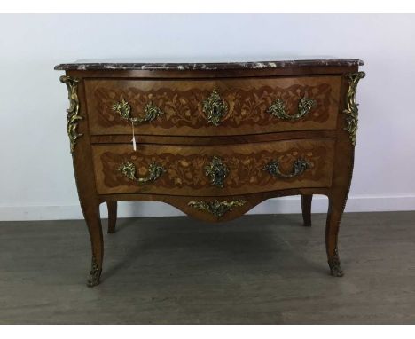 LATE 19TH/EARLY 20TH CENTURY FRENCH KINGWOOD MARQUETRY COMMODE,of bombe outline, with marble top, cast gilt metal mounts, loc