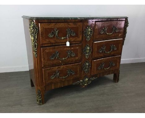 REPRODUCTION FRENCH KINGWOOD COMMODE,of serpentine outline, the green marble top above two banks of three short drawers with 