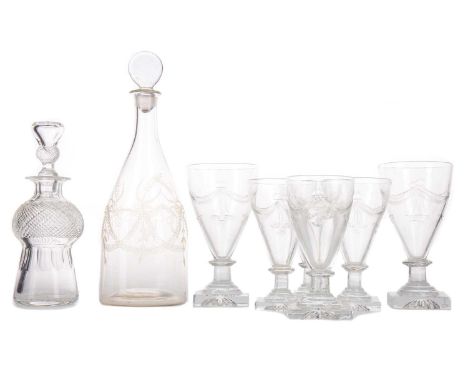 SET OF SIX 19TH CENTURY GLASS RUMMERS,comprising two larger and four smaller, each cut with swags, on blade knopped stem to l