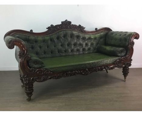 EARLY VICTORIAN MAHOGANY FRAMED SCROLL END SOFA,with scroll and foliate carved top rail over double C-scroll arms and a furth