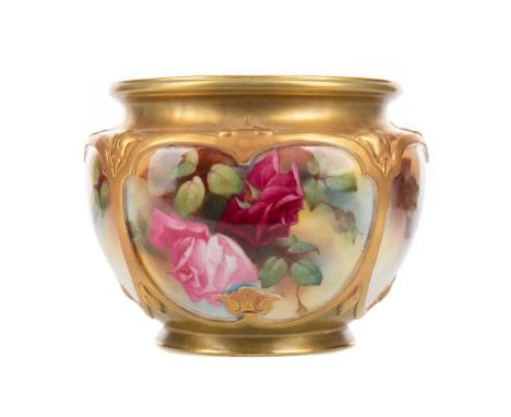 ROYAL WORCESTER HAND PAINTED BOWL,of gourd form, decorated with moulded pannels of roses, printed mark and date code for 1923
