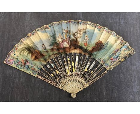 An 18th Century double leaf hand painted folding fan possibly Dutch. With fretted ivory monture highlighted with mother of pe