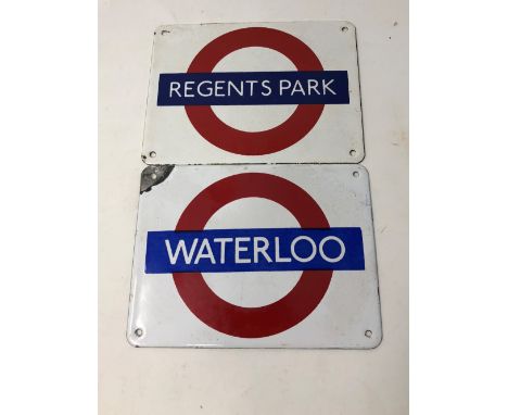 Two enamel Garnier Gifts Tube Station wall plaques 12.6cm x 9.5cm: Waterloo - Northern Line, and Regents Park - Bakerloo Line