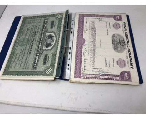 A folder of approximately 52 19th Century and later railway share certificates, mostly of American origin including Chicago a