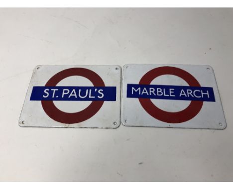 Two enamel Garnier Gifts Tube Station wall plaques 12.6cm x 9.5cm: Marble Arch and St. Paul's - Central Line.
