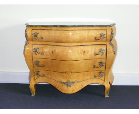 A contemporary marble topped bur walnut bomb commode of four long drawers. Size 123cm x 92cm x 54cm.