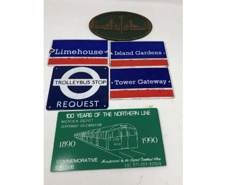 Three enamel Garnier Gifts Docklands wall plaques 12.8cm x 7.6cm: Limehouse, Island Gardens and Tower Gateway; also a Trolley