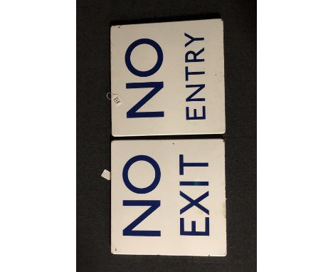 Two enamel railway signs: NO ENTRY and NO EXIT, manufactured by Burnham and Co. London, 45.5cm x 46cm.