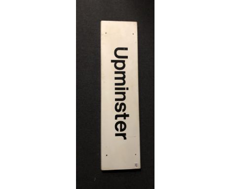 A vintage railway station platform sign: Upminster - London, Tilbury and Southend Railway (L.T.S.R.), white with black letter