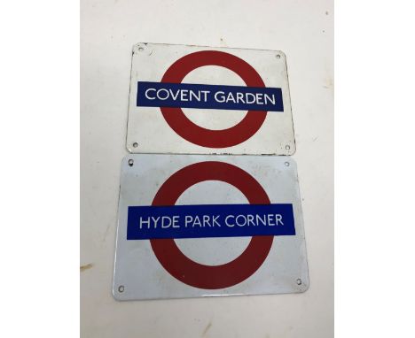 Two enamel Garnier Gifts Tube Station wall plaques 12.6cm x 9.5cm: Hyde Park Corner and Covent Garden - Piccadilly Line.