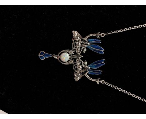 An Art Deco style silver, enamel and opalite set necklace surmounted with two dragonflies.