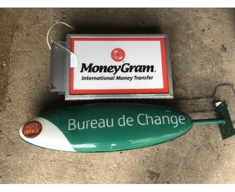 A Post Office Bureau de Change sign, 90cm overall including bracket and a MoneyGram International Money Transfer sign, 55cm o
