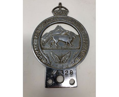 A Royal East African Automobile Association car mascot badge No. L4328. To the verso Property of R.E.A.A.A.