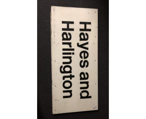 A vintage railway station platform sign: Hayes and Harlington - GREAT WESTERN Main Line, white with black lettering, 120cm x 