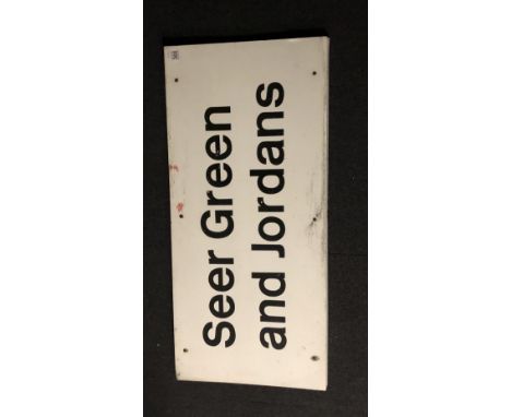 A vintage railway station platform sign:Seer Green and Jordans - Chiltern Main Line, white with black lettering, 165cm x 49cm