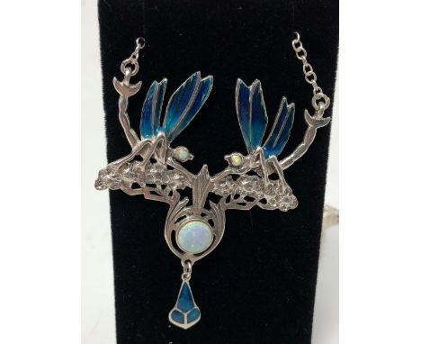 An Art Deco style silver, enamel and opalite set necklace surmounted with two dragonflies.