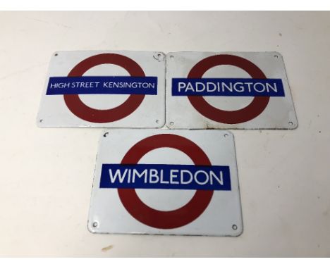 Three enamel Garnier Gifts Tube Station wall plaques 12.6cm x 9.5cm: Wimbledon, High Street Kensington and Paddington - Distr