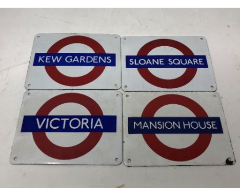 Four enamel Garnier Gifts Tube Station wall plaques 12.6cm x 9.5cm: Victoria, Mansion House and Kew Gardens - District Line.