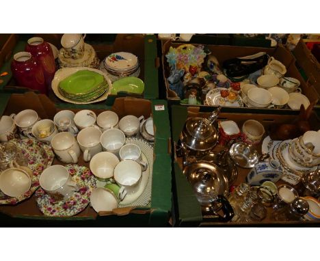 Four boxes of mixed silver plate, ceramics, and collectables to include a Sylvac Scotty Dog, Poole Pottery reproduction Spode