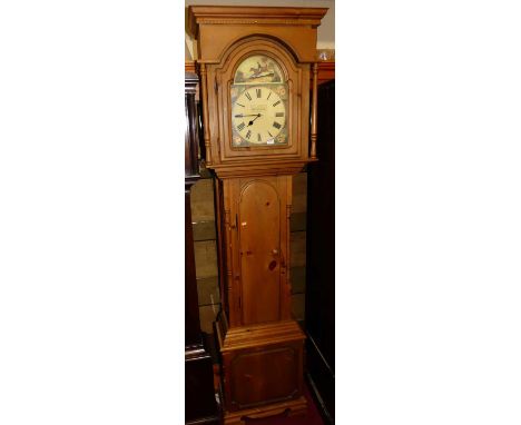 A reproduction pine longcase clock, having quartz movement, h.220cm