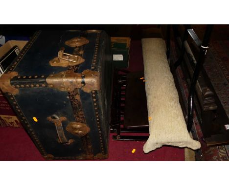 A quantity of mixed occasional furniture and luggage to include an oak relief carved wall shelf, a long foot stool, a vintage