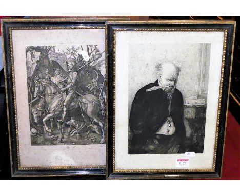 Albrecht Dürer (1471-1528) - Medieval soldier on horseback, late impression engraving, 26 x 20cm; and a French portrait engra